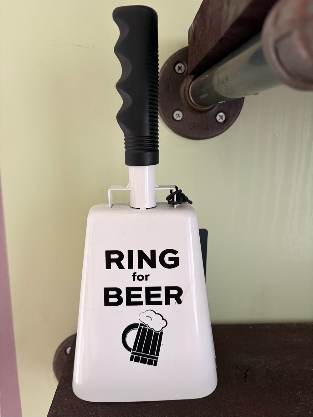 NWT White "Ring for Beer" Cowbell with Black Handle
